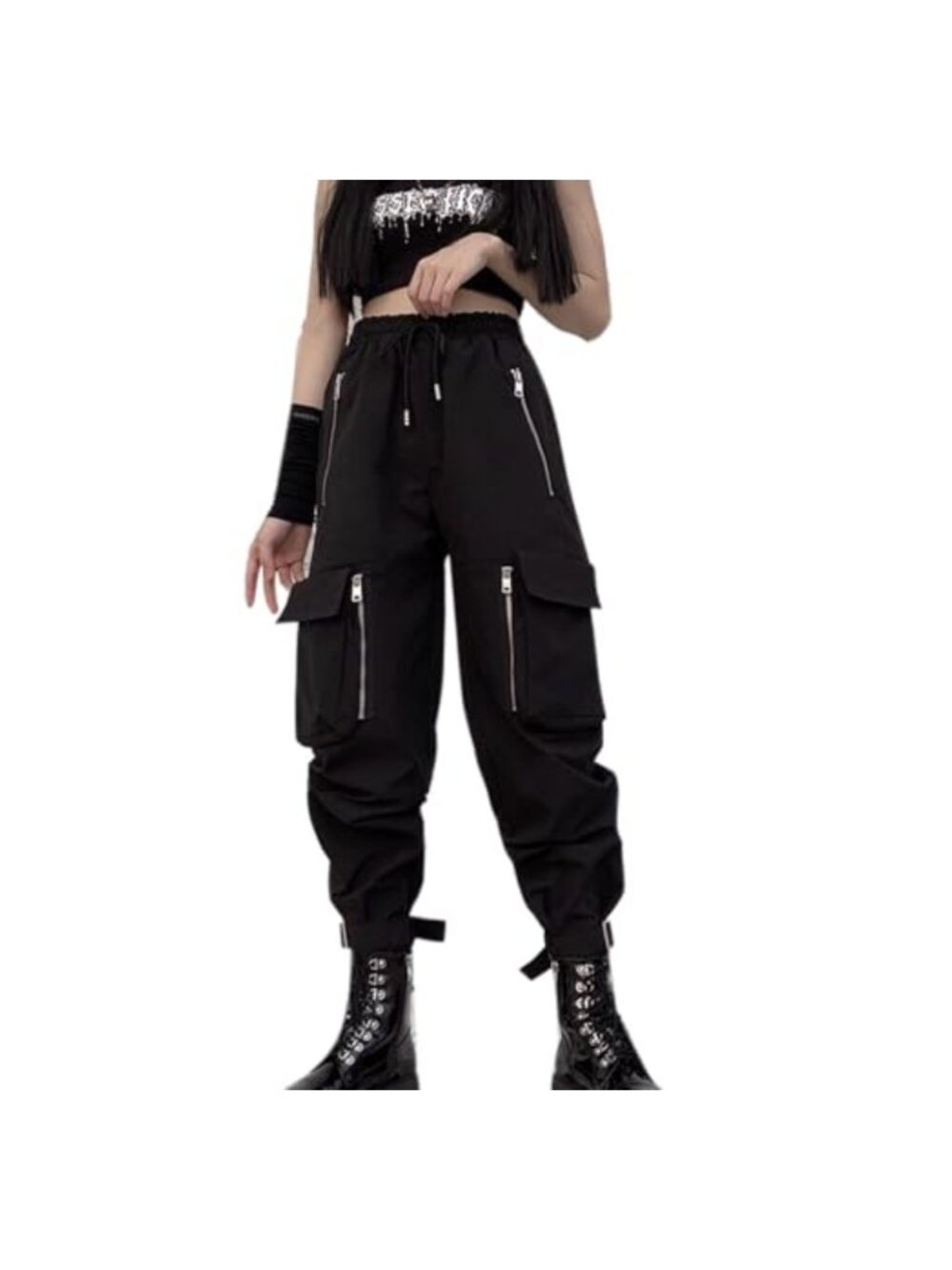 Women High Waist Cargo Pants Wide Leg Multi-Pocket Zip Punk Goth Baggy